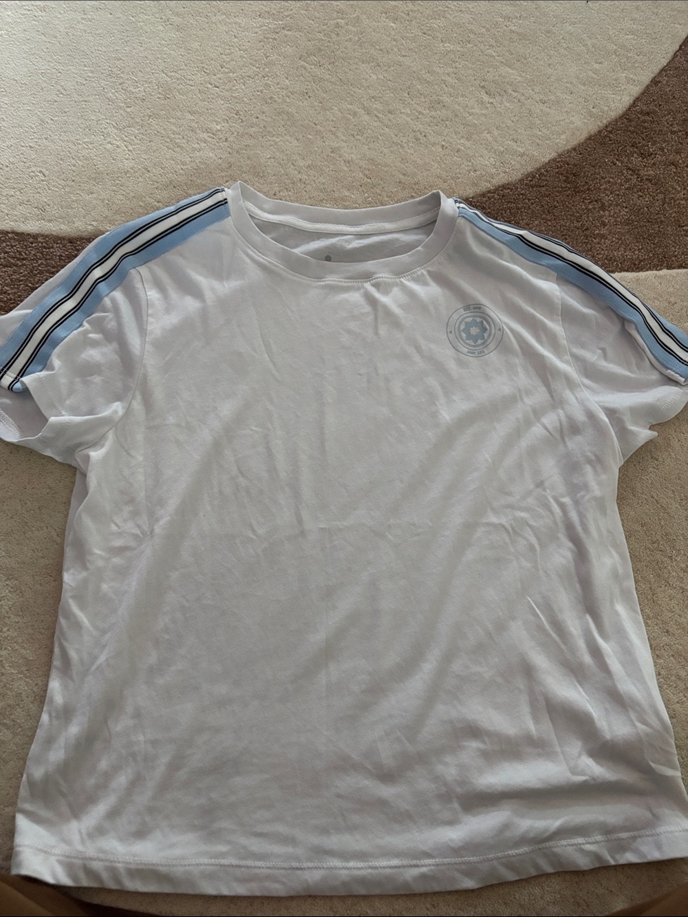 White Short Sleeve Tee with Light Blue Shoulder Stripes Club Pilates Small